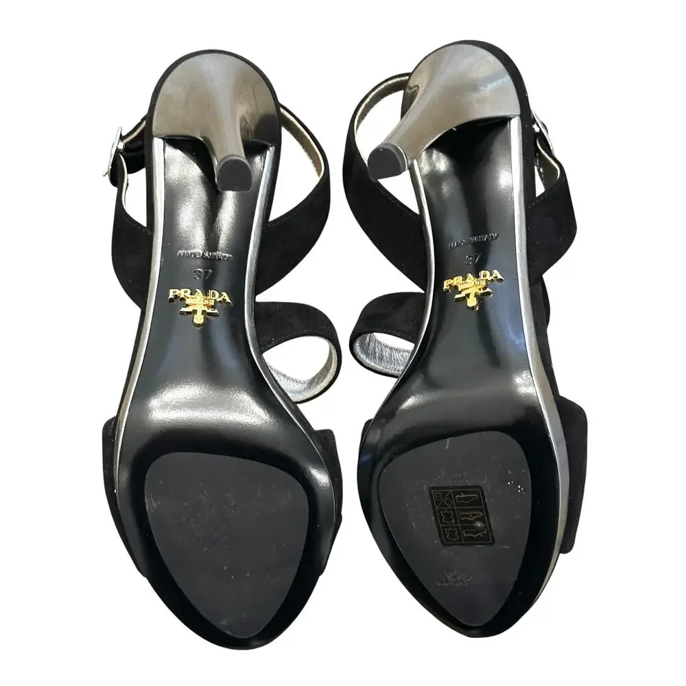 Prada Black Suede Silver Metallic Platform Slingback Heels Sandals EU 37